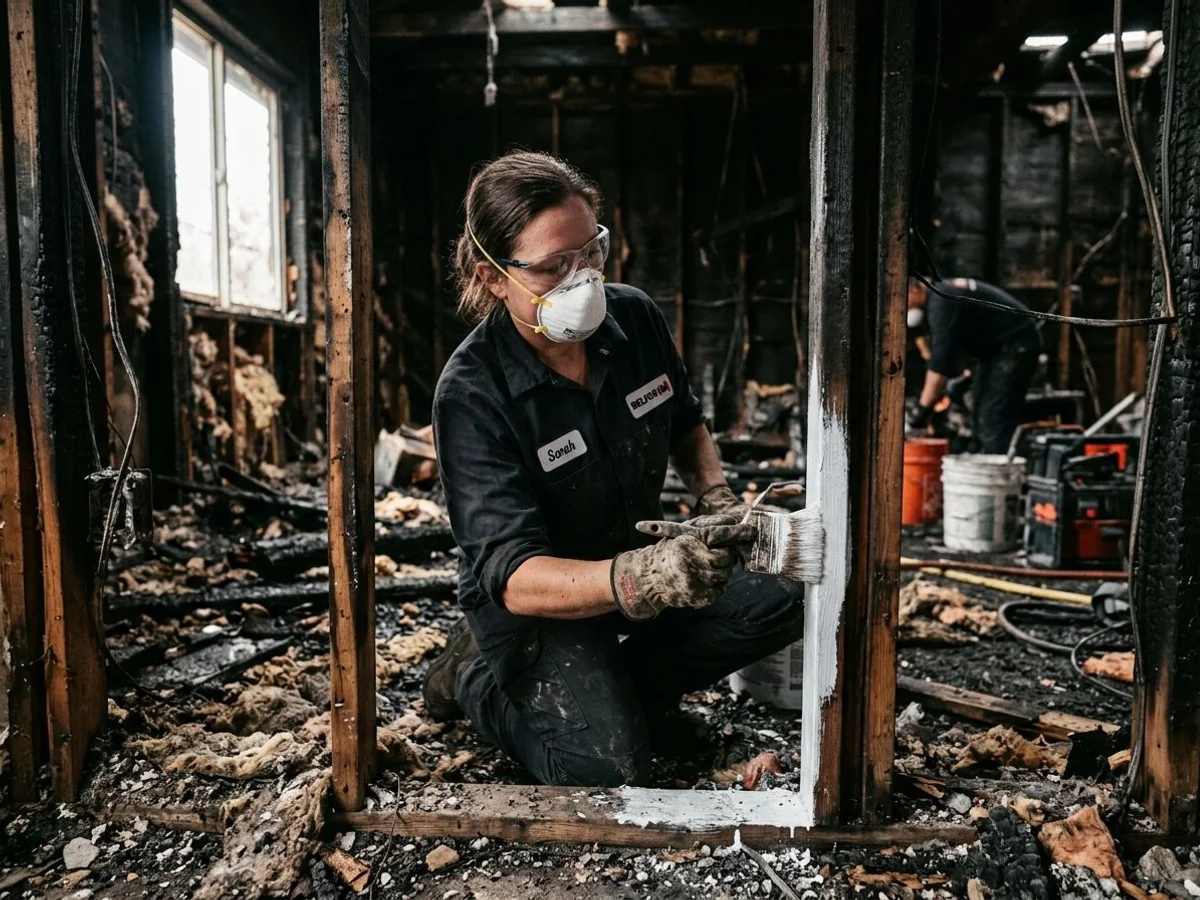 Specialist applying encapsulation primer to smoke-stained framing