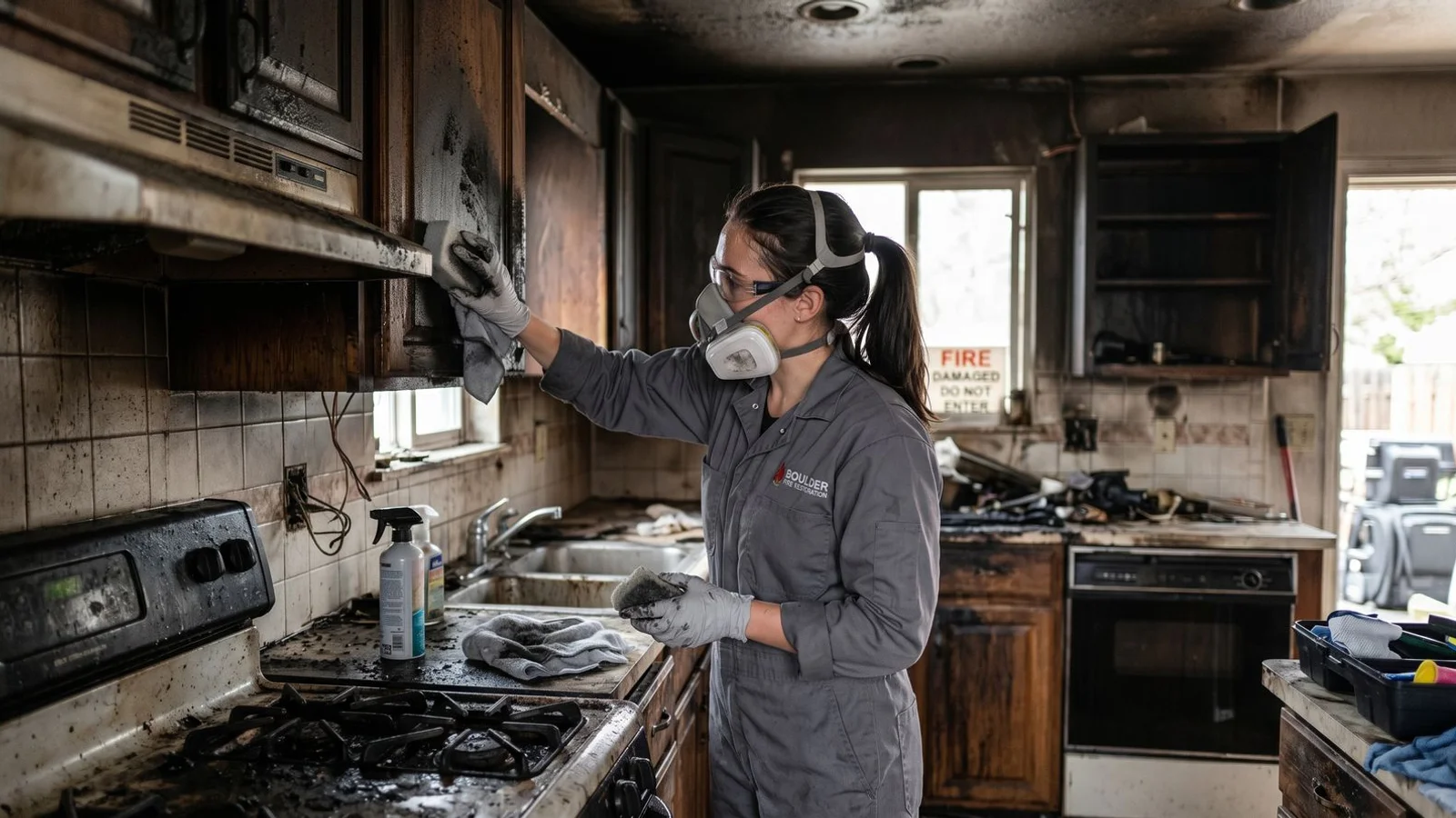 Restoration technician cleaning protein soot from a Boulder kitchen after a grease fire