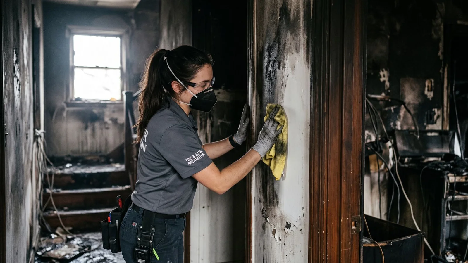 Restoration technician removing soot from walls in a smoke-damaged Boulder home
