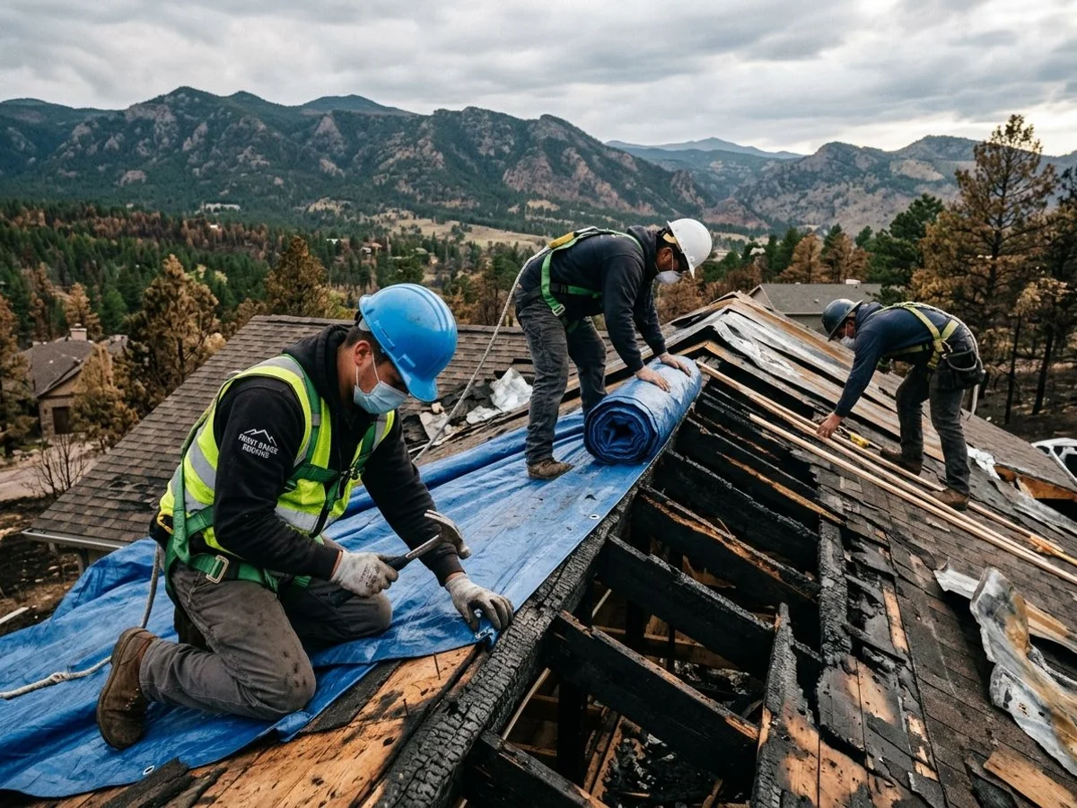 Roof tarping a fire-damaged home against weather exposure
