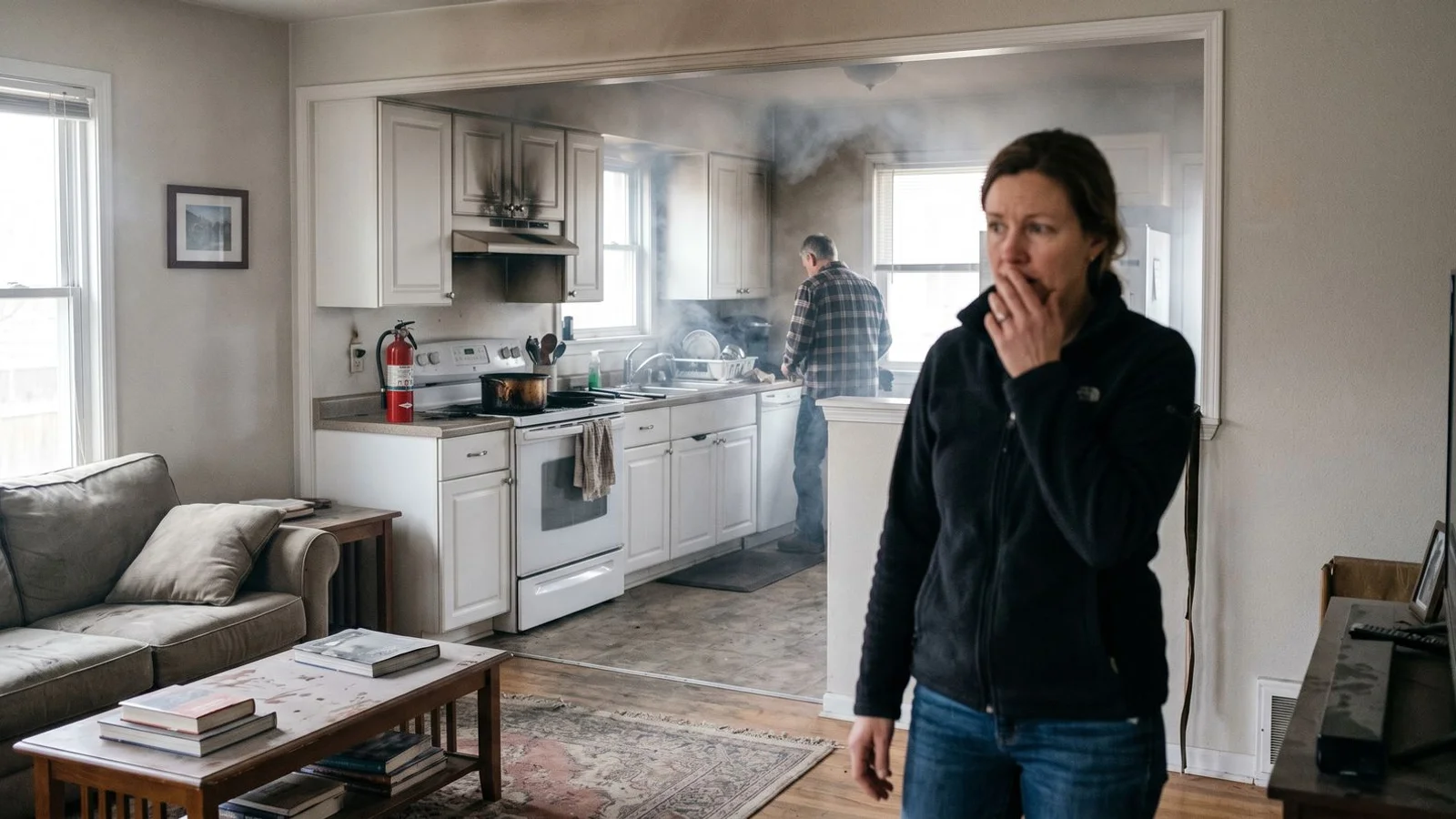 Smoke spreading from a kitchen into adjacent rooms after a small fire