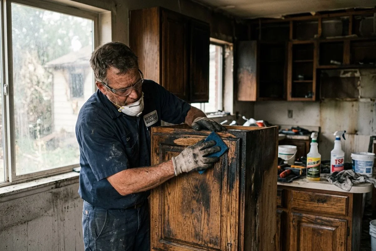 Solid-wood cabinet being refinished