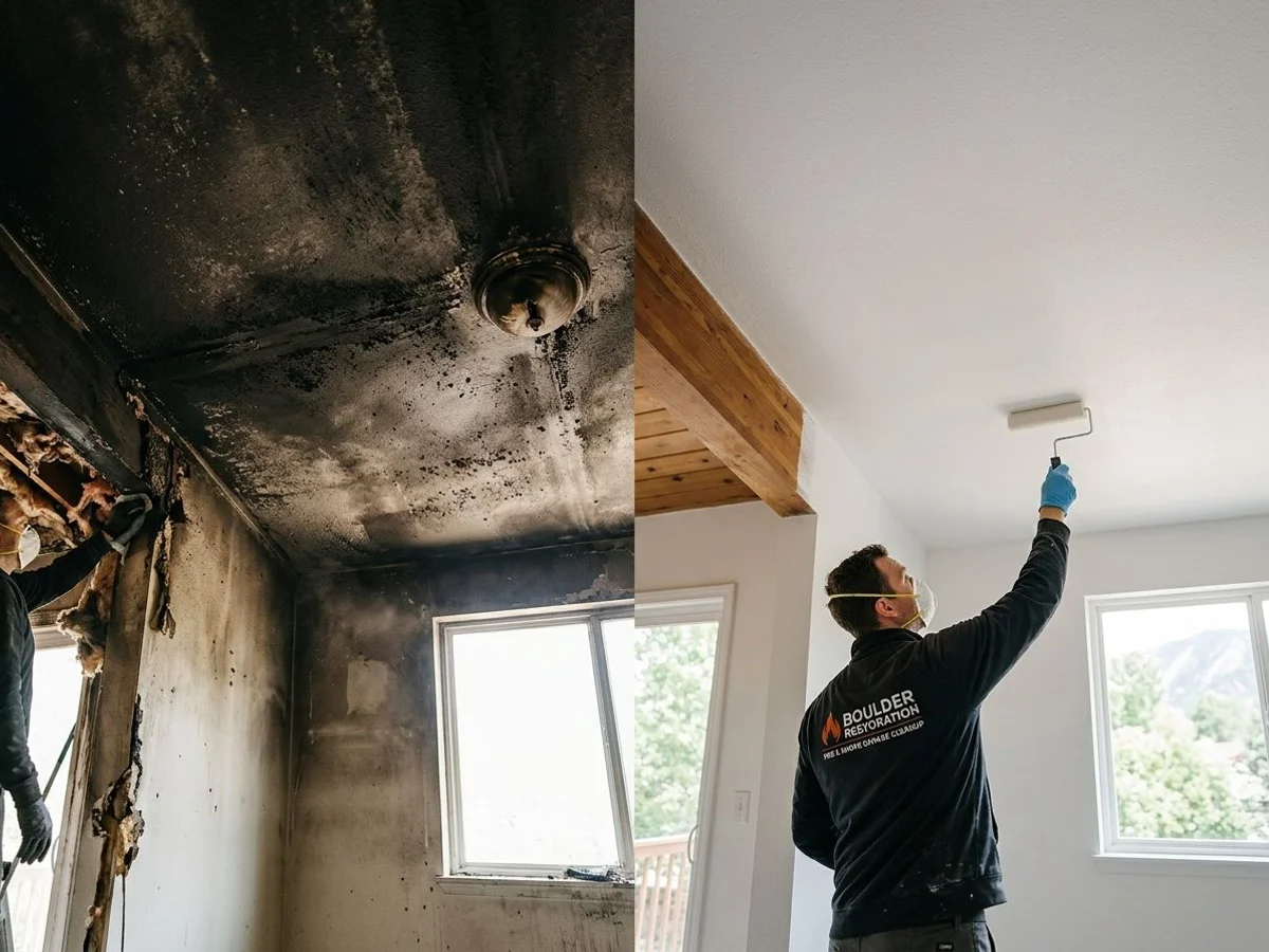 Soot-covered ceiling before and after smoke damage cleanup