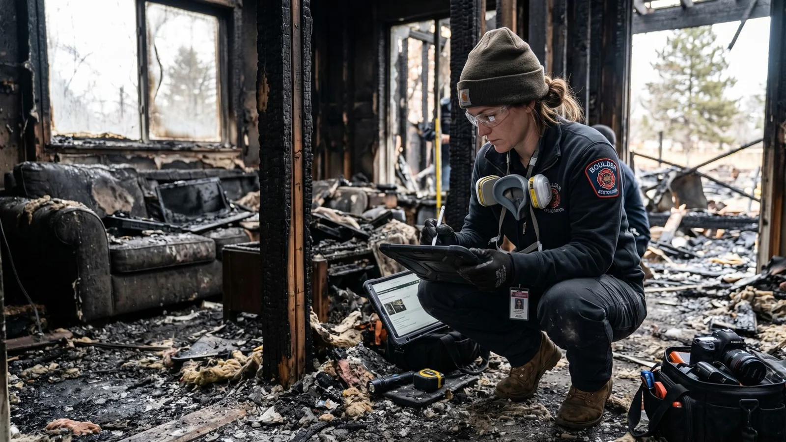 Specialist photographing and cataloging fire damage with a tablet