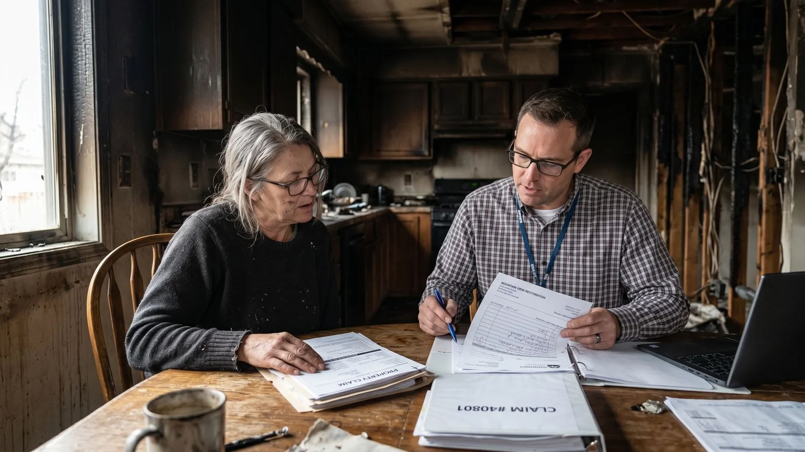 Specialist reviewing fire insurance claim documentation with a Boulder homeowner