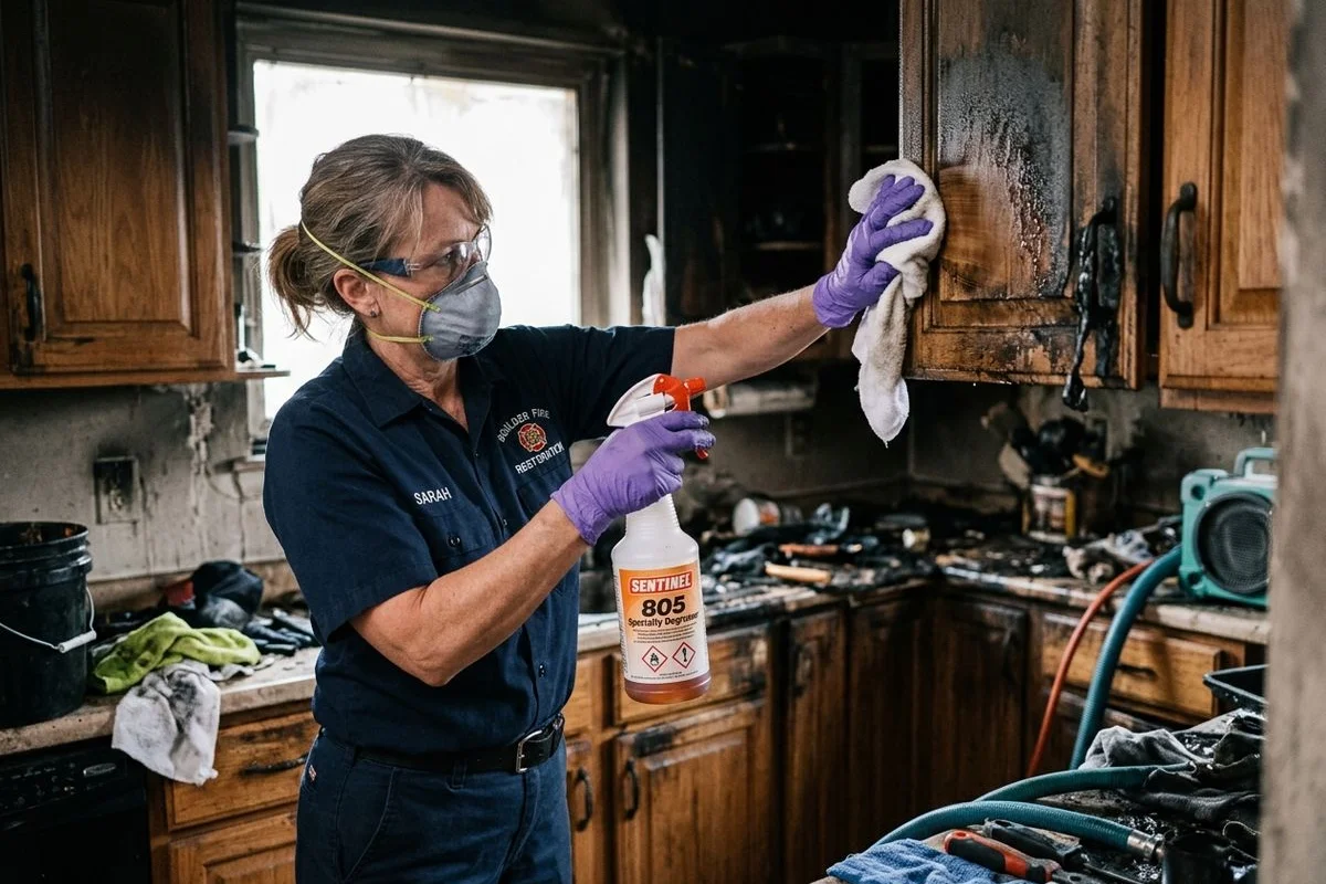 Specialty degreaser on a kitchen cabinet