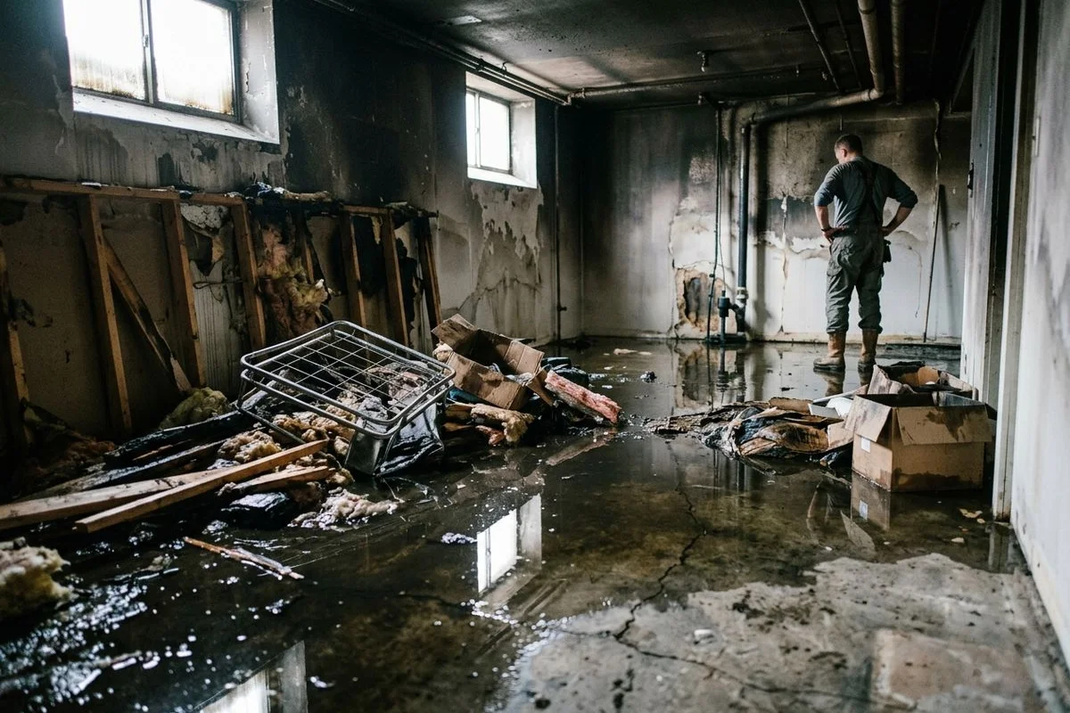 Standing water in a basement after fire suppression