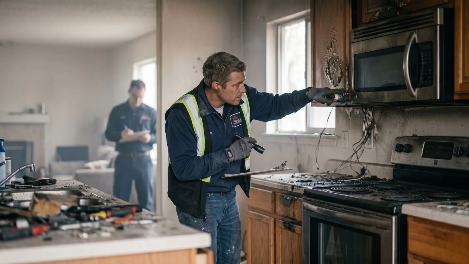 Technician assessing fire-damaged cabinets and appliances
