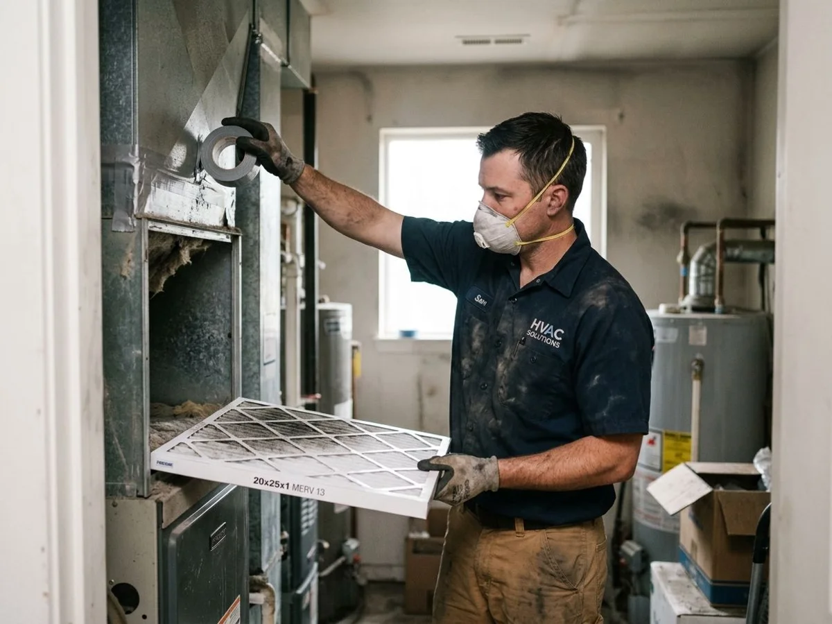 Technician replacing HVAC filter contaminated by wildfire smoke