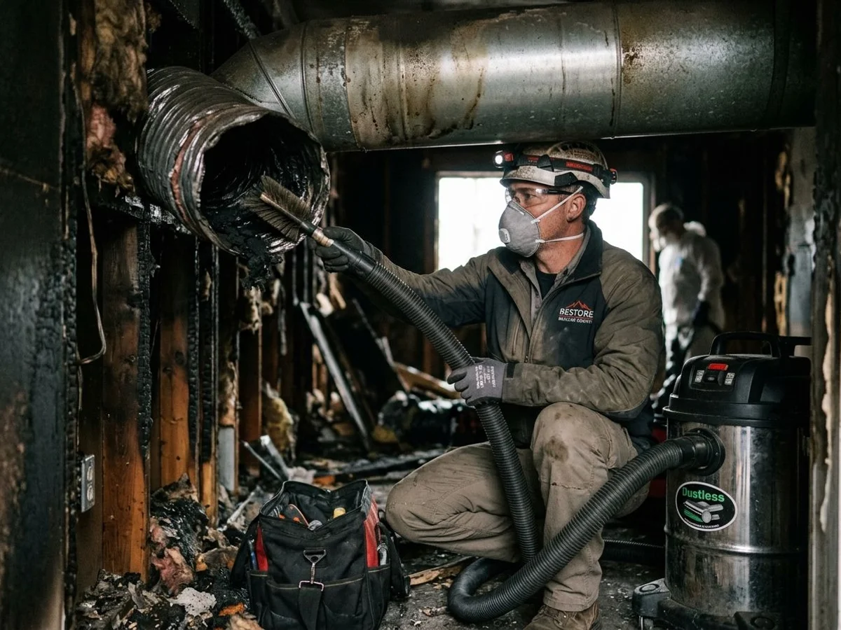Technician decontaminating HVAC ductwork in a fire-damaged home