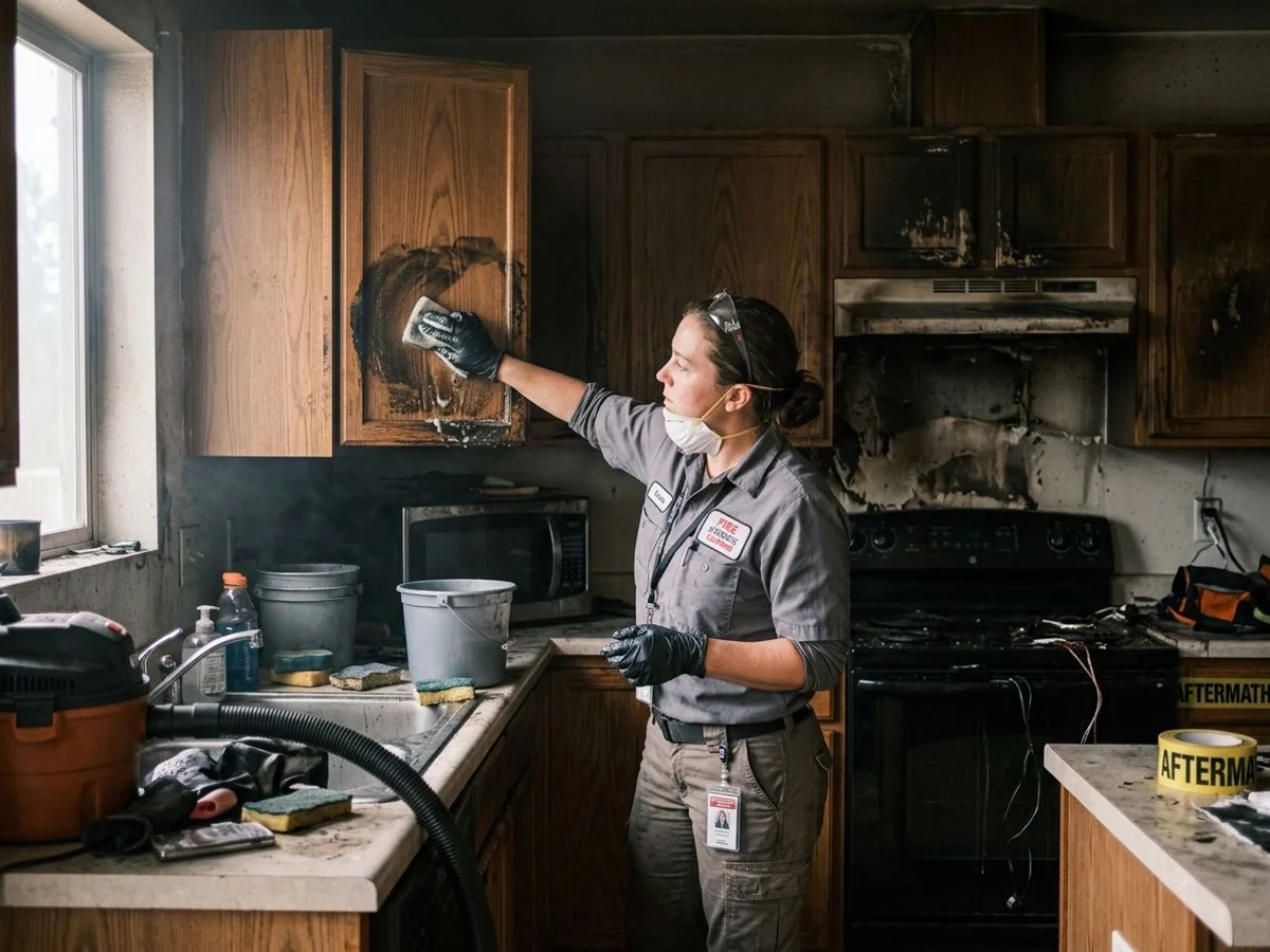 Technician cleaning protein soot from kitchen cabinets