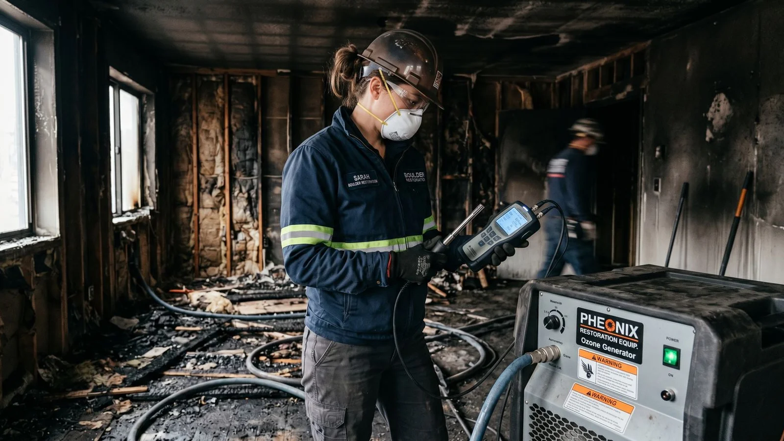 Technician monitoring deodorization equipment with an air-quality meter