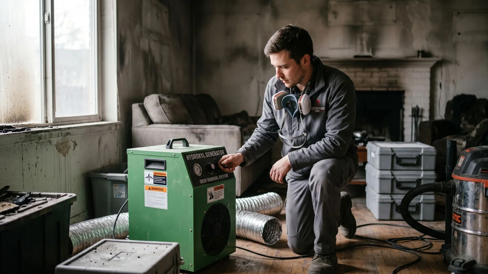 IICRC technician operating a hydroxyl generator in a smoke-damaged Boulder home