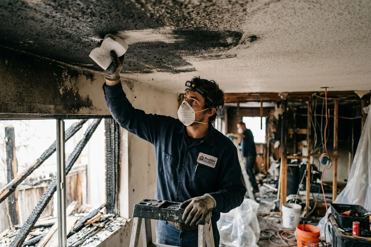 Technician using a chemical sponge to remove dry soot