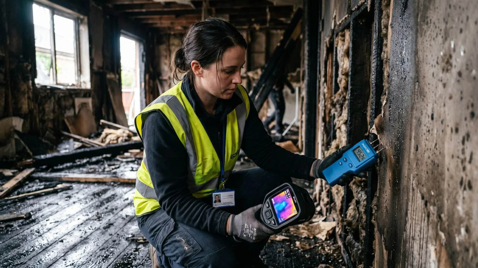 Technician using moisture meter and thermal camera in a damp structure