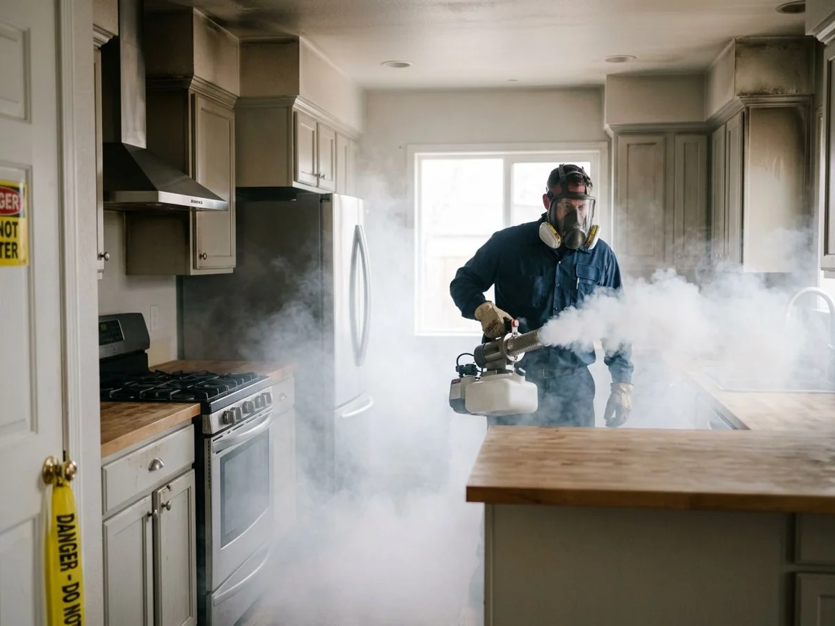 Thermal fog treatment inside a restored kitchen after odor elimination