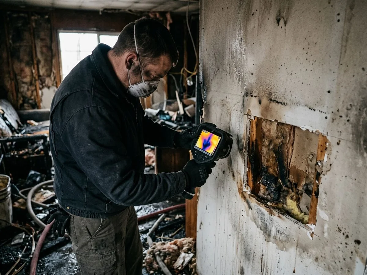Thermal imaging revealing hidden moisture behind drywall