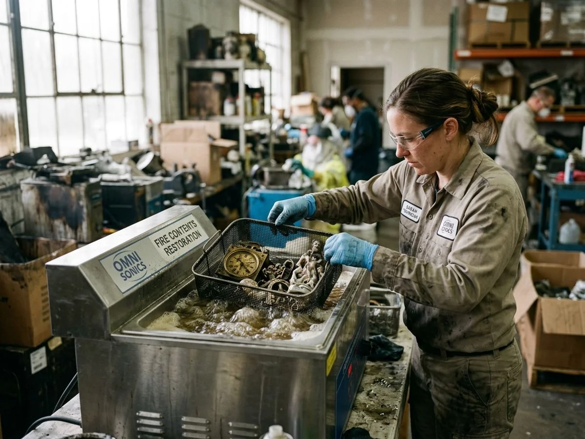 Ultrasonic cleaning tank restoring delicate items after smoke damage
