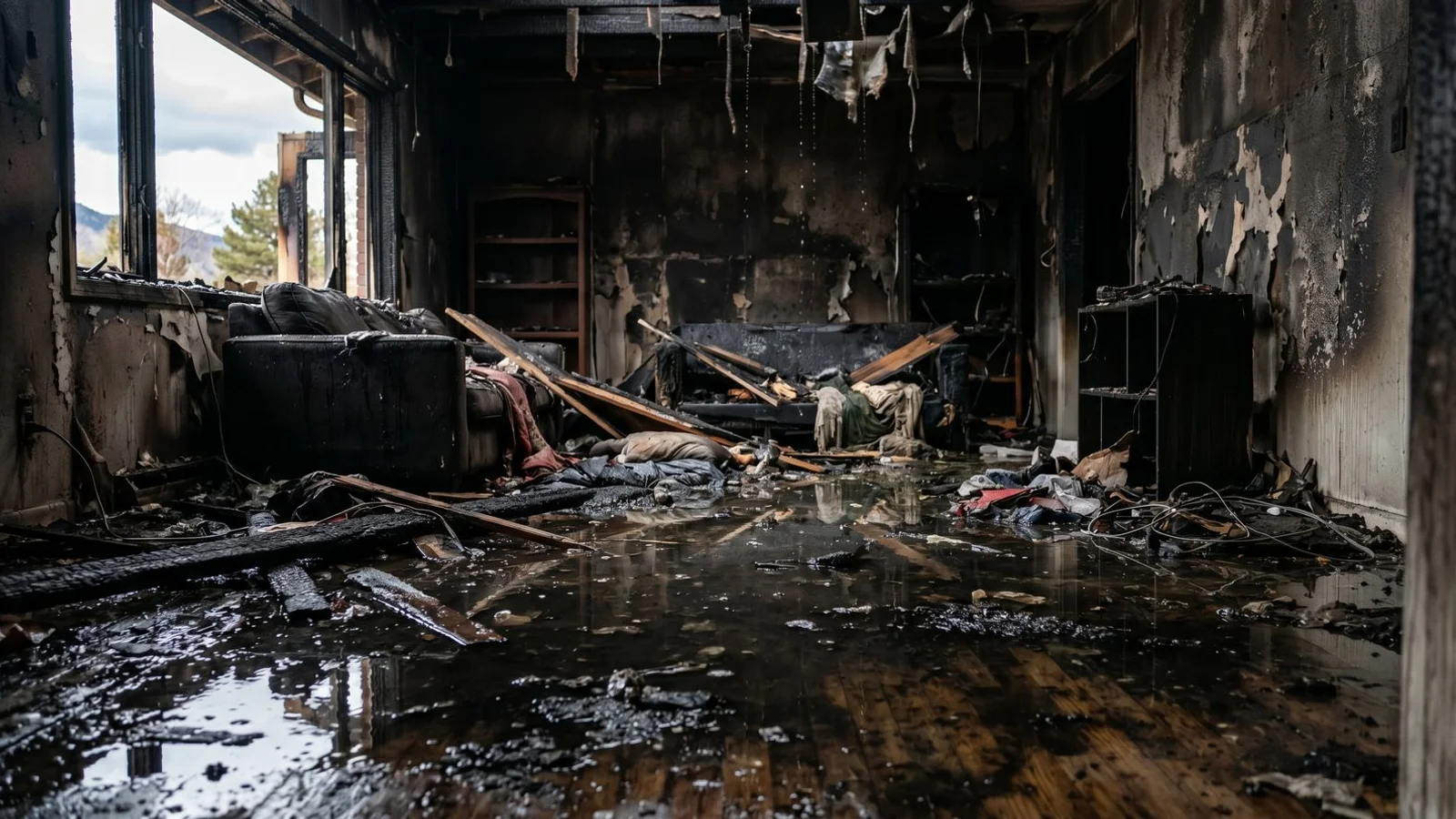 Water-saturated fire-damaged interior with standing water